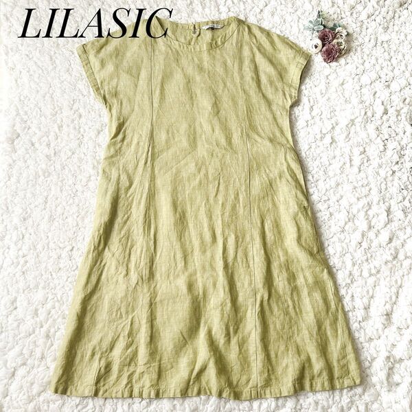 【美品】LILASICリネンロングワンピース Mサイズ クルーネック 半袖 両サイドポケット