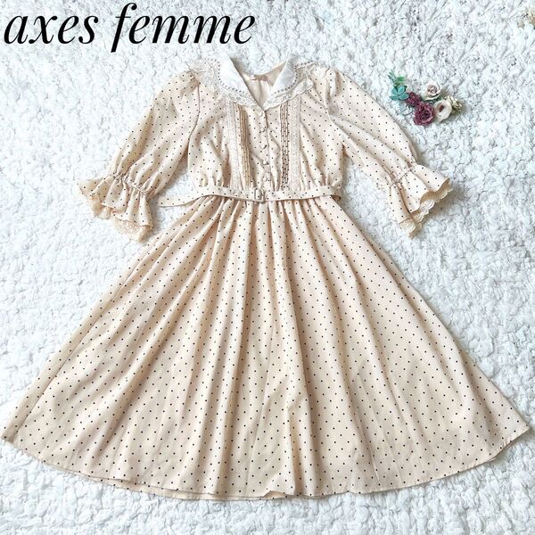 【美品】axes femme レース襟付きドット柄ワンピース Mサイズ ベージュ ベルト付き