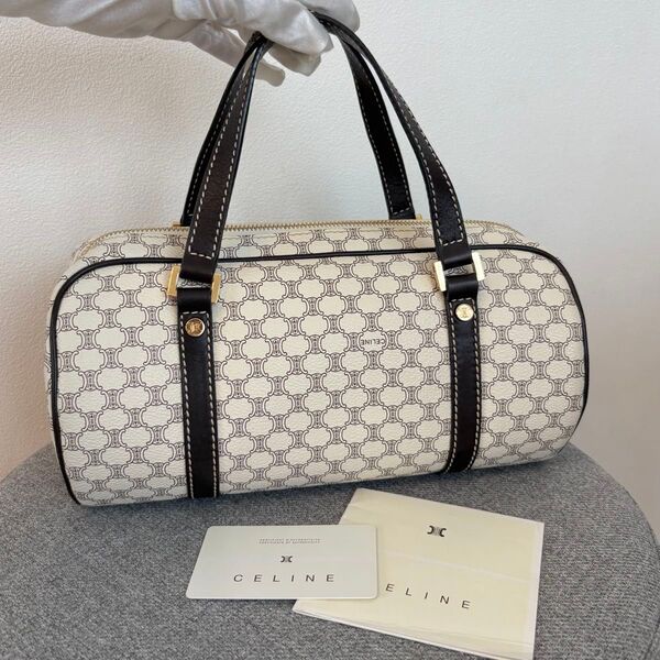 【美品】CELINE セリーヌ マカダム柄 PVC×レザー ハンドバッグ ミニボストンバッグ ホワイト系×ダークブラウン系 127