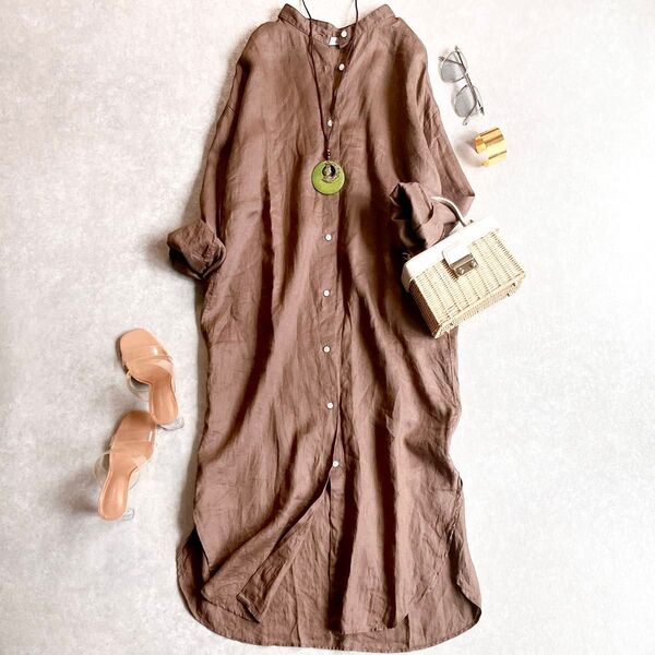 美品 フレームワーク FRENCH LINEN シャツワンピース バンドカラー フランス製 高級リネン ロング 長袖 レディース