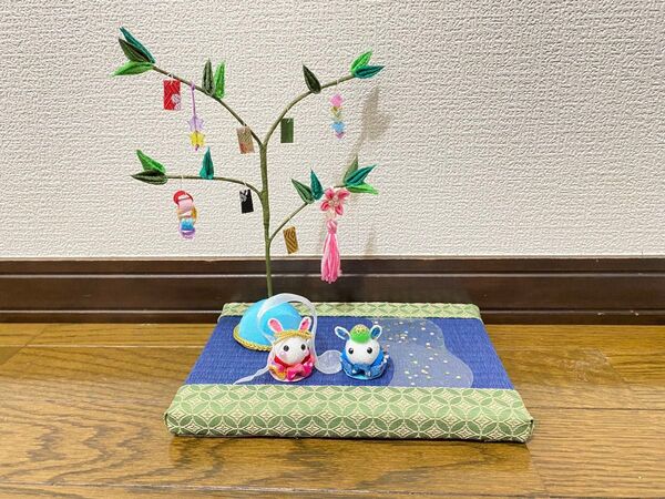 七夕飾り【笹飾り・うさぎの織姫 彦星 .*】 つまみ細工 ちりめん細工