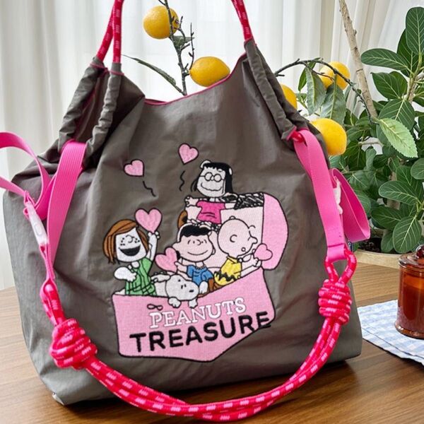 スヌーピエコバッグ グレー Mサイズ スヌーピ刺繍ストラップ付き ショルダーバッグ ボールアンドチェーン