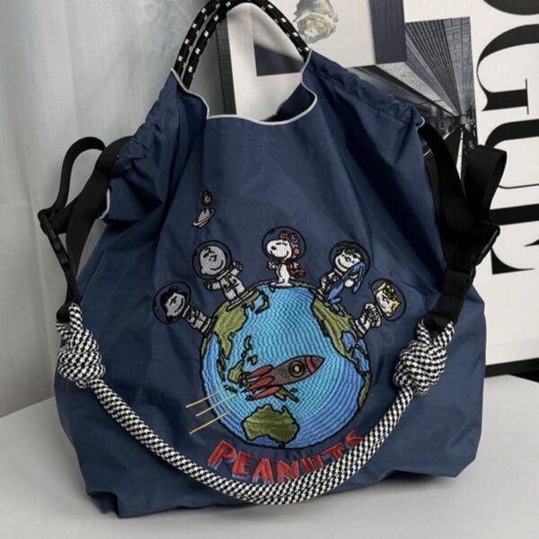 スヌーピ刺繍 エコバッグ グレー Lサイズ ストラップ付き バッグ ショルダーバッグ スヌーピエコバッグ ボールアンドチェーン