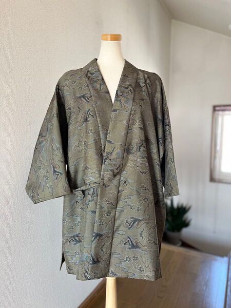 大島紬 着物リメイク 作務衣 現品のみ 山脈と雲の古典模様 和のお洒落上衣