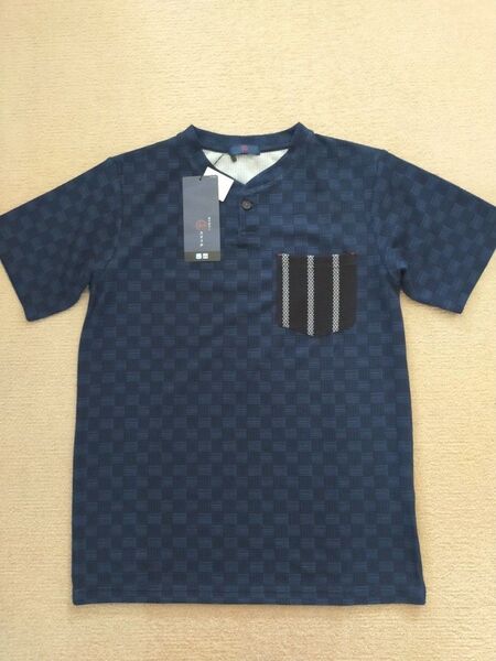 【新品未使用】メンズ 半袖 Tシャツ ヘンリーネック 格子柄 ネイビー Mサイズ