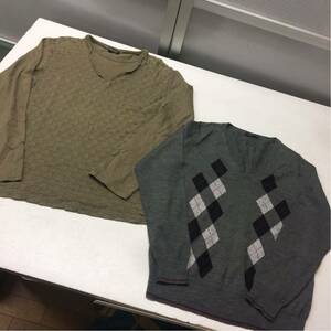 送料無料★COMME CA ISM コムサイズム★長袖ニット メンズL ２枚セット★カーキ 長袖Tシャツ★アーガイル柄 ニットセーター #20625sae