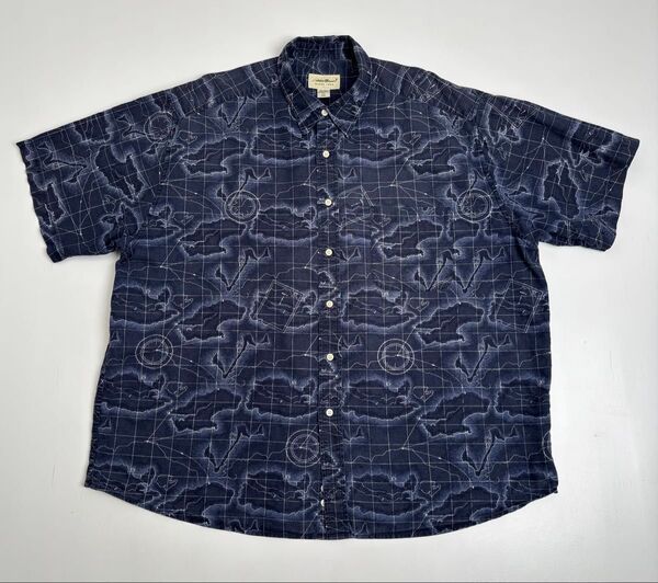 Eddie Bauer エディバウアー 半袖シャツ 地図柄 ネイビー XXL ビッグサイズ オーバーサイズ 柄シャツ