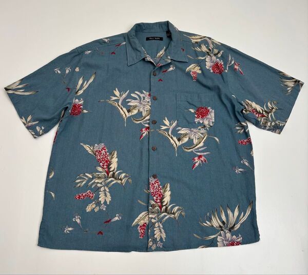 シルク100% アロハシャツ 花柄 半袖シャツ ブルー系 XXL