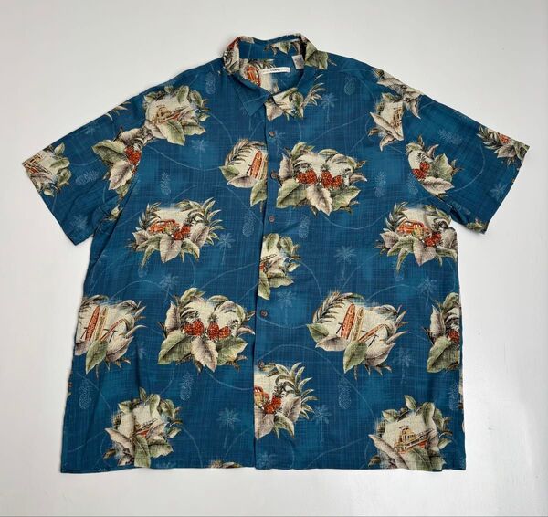 アロハシャツ レーヨン 総柄 メンズ XXL ブルー系 ビッグサイズ オーバーサイズ BOXシルエット