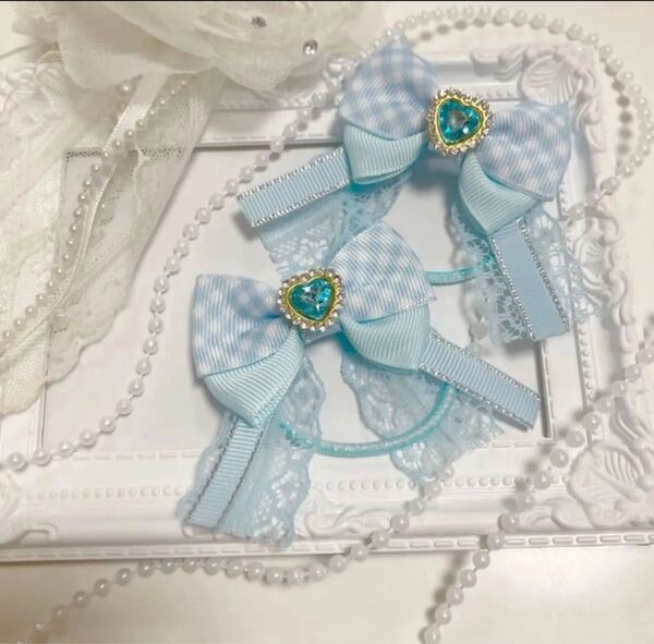 ブルーチェックダブルリボン プリキュアイメージ キュアウインクイメージ ハンドメイド リボン ヘアゴム レース