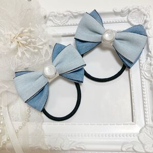 デニム柄トリプルリボン ハンドメイド リボン ヘアゴム キッズ リボンヘアゴム