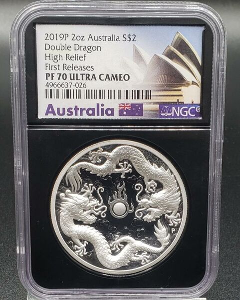 ☆最高鑑定品 NGC PF70 ハイレリーフ 高浮彫 ウルトラカメオ 2019年『ダブルドラゴン』 プルーフ 2 オンス 銀貨
