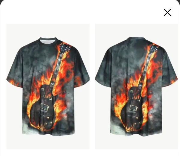 未使用品 クルーネックTシャツ、ファッションオーバーサイズのファイアギタープリント Tシャツ 6XL