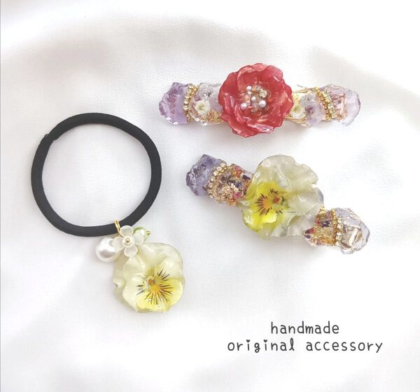 《 訳ありSALE 》ヘアゴム&ヘアクリップの3点セット レジンヘアアクセサリー ビオラ