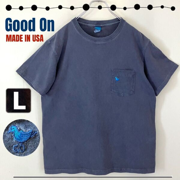 Good On グッドオン★USA製★ワンポイント刺繍/鳥★半袖ポケットTシャツ★5.5ozジャージ★ピグメントダイ★メンズL