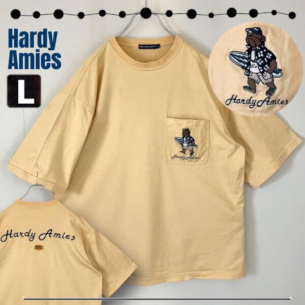 HARDY AMIES ハーディエイミス★ブルドッグサーファー/キャラクター★刺繍デザイン★ポケットTシャツ★メンズL