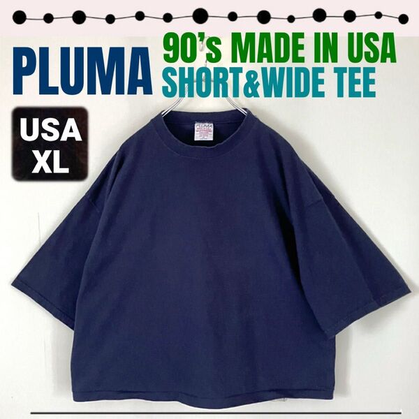 PLUMA プルマ★90s USA製★ワイド&ショート/ハーフスリーブ/5分袖★ヘビーウエイトコットンTシャツ★USAメンズXL
