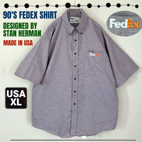 90'S FEDEX★ボタンダウンカラーシャツ/半袖★DESIGNED BY STAN HERMAN★USA製★USAメンズXL