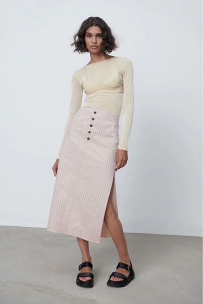 ZARA ハイウエスト ストライプミディ丈スカート スリット タイトスカート S ストレート ベージュ ペンシルスカート