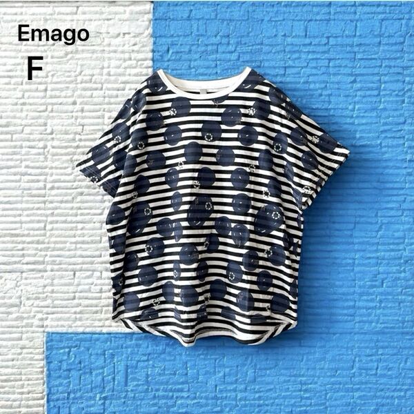 【Emago】 カットソー (F) Tシャツ ボーダー ブラック ネイビー マリン柄 刺繍 イマゴ カジュアル トップス ドルマン