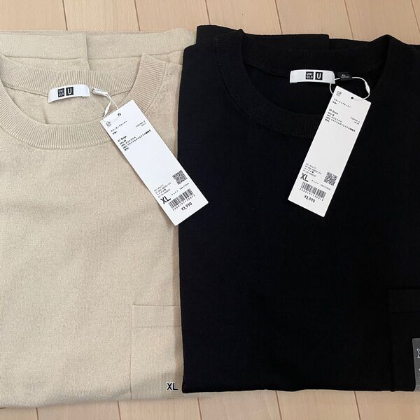XL ユニクロ クルーネックセーター 半袖 ユニクロU ベージュ ブラック