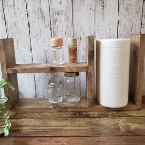 カフェ風/木材 キッチンペーパーラック 調味料棚