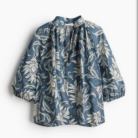 H&M エイチアンドエム ペイズリー柄 バルーンスリーブブラウス ダスティブルー 花柄 総柄 トップス