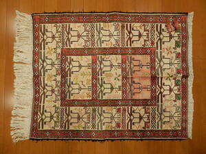 ペルシャ手織りシルクスマックキリム 90X74cm 玄関マット イラン製 インテリア リビングラグ IRAN SILK SOUMAK KILIM