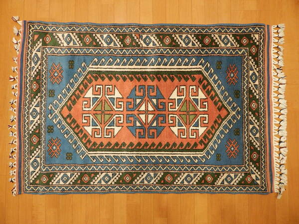 手織りトルコ絨毯 158X97cm ベルガマ地方 トライバルラグ ドラゴンモチーフ リビングカーペット ブルー＆オレンジ&グリーン トルコ製