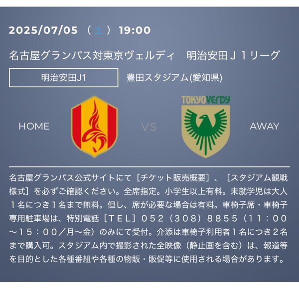 7/5(土) 名古屋グランパスvs東京ヴェルディ チケット 1枚