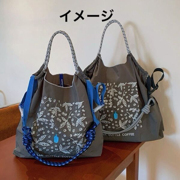 【新品N.073】ブルーペットボトル刺繍トートバッグ エコバッグ ストラップ付き Mサイズ お値下げ不可2wayラスト1