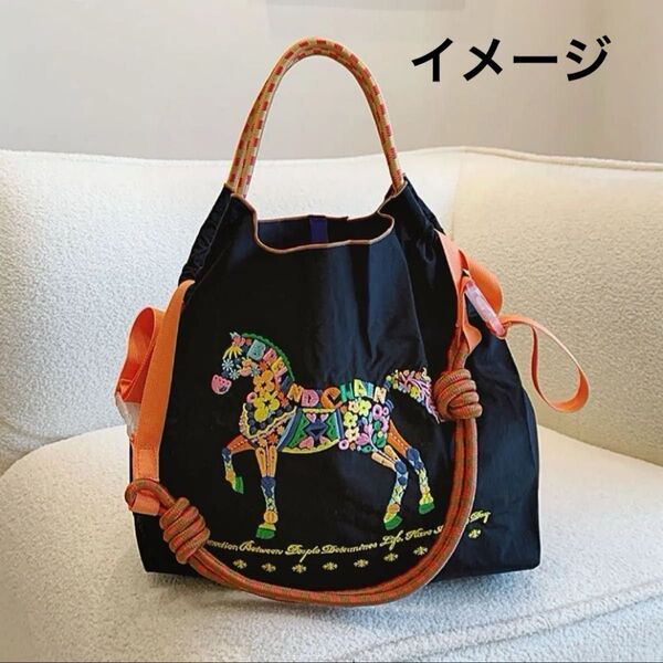 【新品N.101】1点可愛らしいバッグ 花馬 刺繍トートバッグ エコバッグ ストラップ付き Mサイズ お値下げ不可2wayラスト1