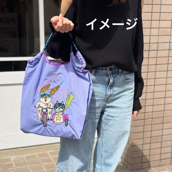 【新品N.127】1点 ウサギとネコ 刺繍トートバッグ エコバッグ 青ストラップ付き Mサイズ お値下げ不可2wayラスト1