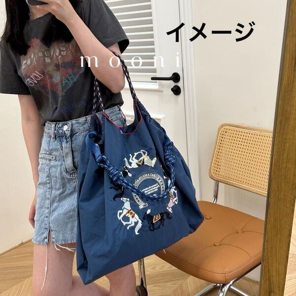 【新品N.071】1点を選んで 可愛らしいバッグ けんば競馬 刺繍トートバッグ エコバッグストラップ付き Mサイズ2wayラスト1