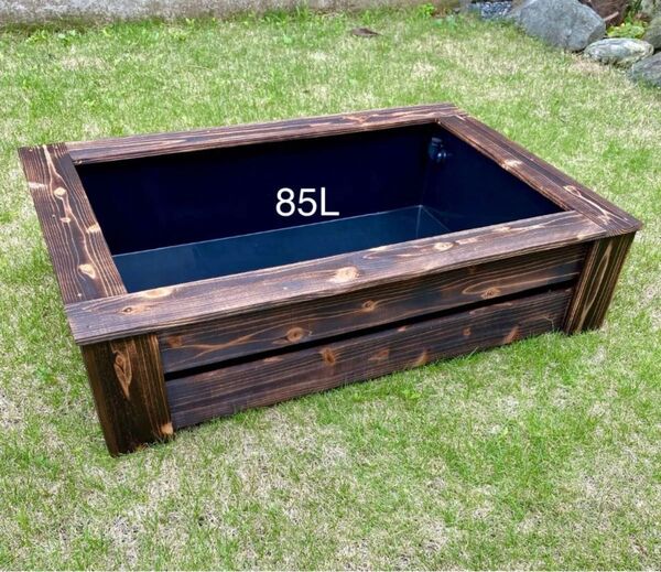 《木枠カバー Bタイプ 85L》 ビオトープ用 オーバフロー対策済み トロ船 約85L 付き 焼杉枠 メダカ飼育 外内兼用