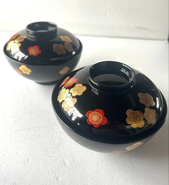 高級漆器 伝統工芸 漆塗り 蓋付き お吸物椀 お正月椀 2客セット 梅 金蒔絵 美品