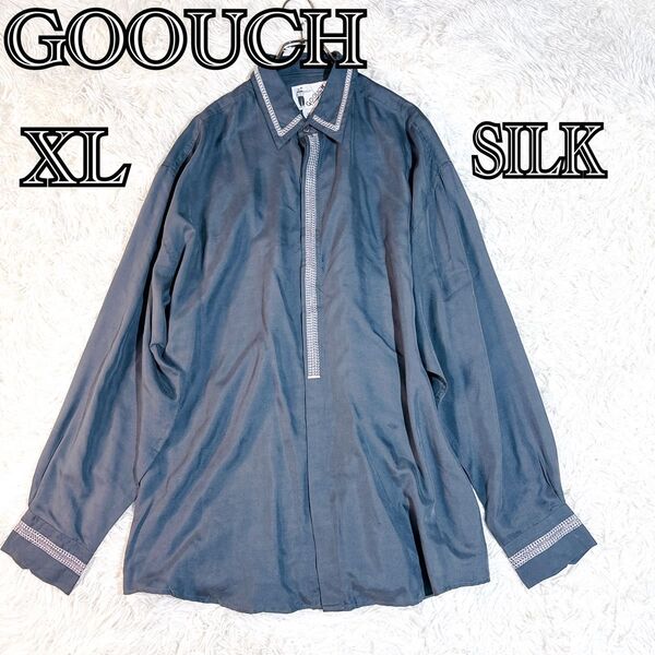 【希少】 GOOUCH シルク 長袖シャツ XL 刺繍 ヴィンテージ グーチ モスグリーン