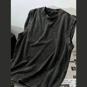 メンズ カジュアル ノースリーブ ビンテージウォッシュ Uネック ベスト ダメージ ブラック 黒901204