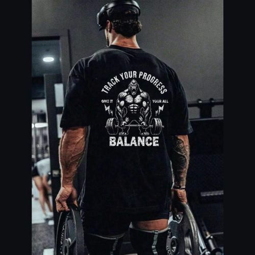 メンズ ロゴ ゴリラプリント ラウンドネック 半袖 スポーツ Tシャツ ワークアウト 筋トレ デザイン シャツ495147