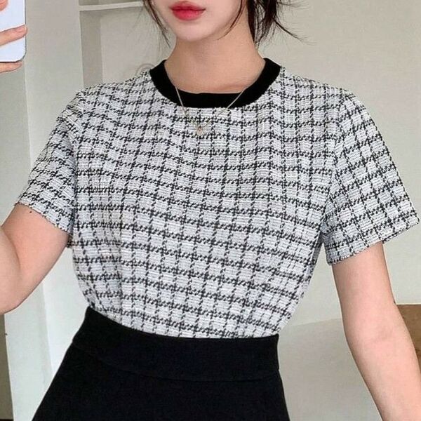 レディース 格子縞 コントラスト トリム Tシャツ カジュアル 上質生地 シンプル お洒落 可愛い トップス337041