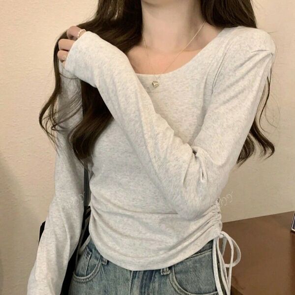 韓国風 ラウンドネック 絞り紐付き フィット 長袖Tシャツ レディース 春 夏 スタイル レディース グレー262336