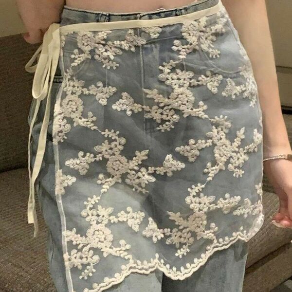 レース ワンピーススカート サイドスリット ウエストタイ 花柄 可愛い 透け感 ホワイト 白851365