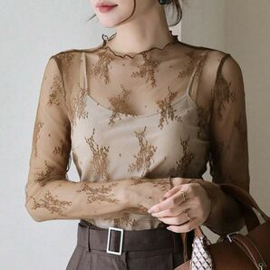 女性 レディース フローラルレース 透け感 ロングシャツ トップス 綺麗 シースルー コーヒーブラウン998038