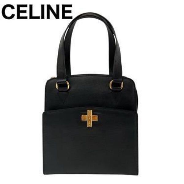 美品 CELINE セリーヌ ハンドバッグ トート ロゴ金具 ブラック レザー