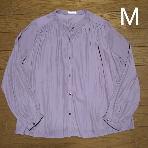 グラシア ノーカラーシャツ ブラウス M 長袖シャツ とろみブラウス くすみカラー パープル ピンク ライラック ハニーズ
