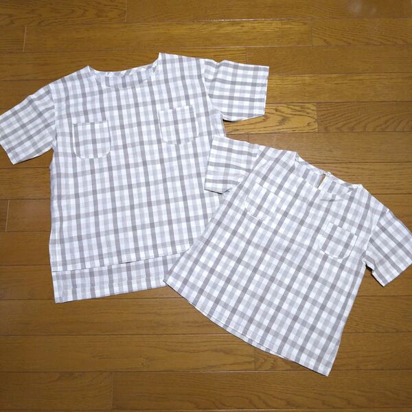 親子お揃い 半袖 Tシャツ トップス 家着 チェック柄 120cm 130cm レディース M L グレー ハンドメイド