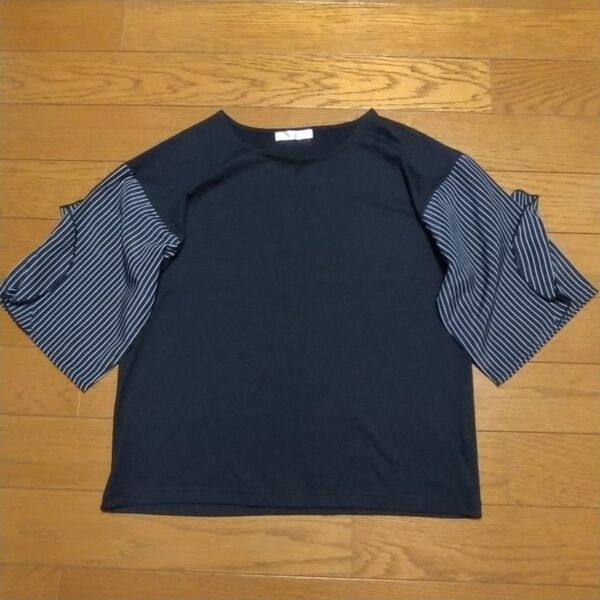 異素材 半袖 Tシャツ M ブラック ストライプ柄 シフォンブラウス 黒色