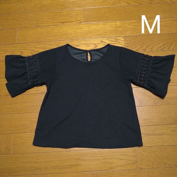 半袖 トップス M ブラック ブラウス Tシャツ ボリュームスリーブ ラッパ袖 シワにならない 1枚でオシャレ