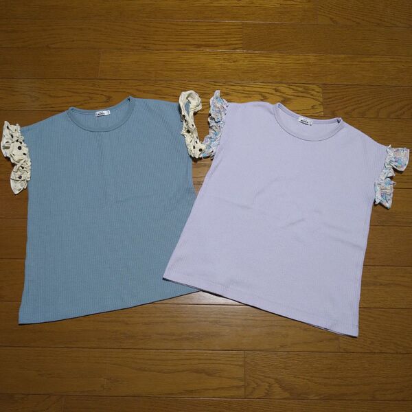 ペアマノン Tシャツ 130cm 140cm 150cm ラベンダー ライトパープル ワッフル素材 袖フリル