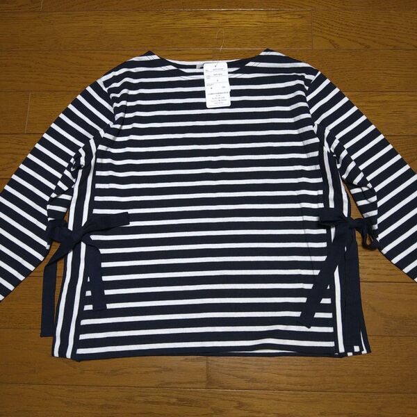 EASE BLUE 長袖 ボーダー カットソー F ネイビー ホワイト サイドスリットリボン 紺色 Green Parks ML